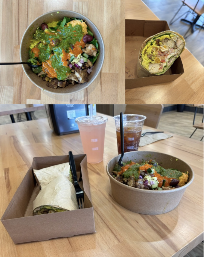 A compilation of pictures of a wrap and bowl with drinks at Hummus Republic

